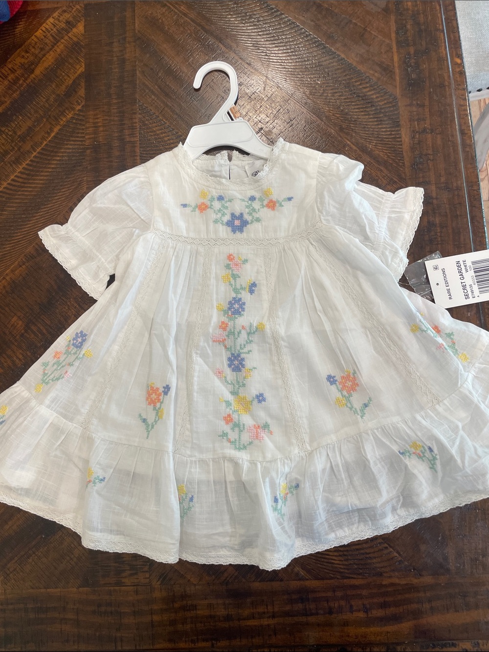 NWT- White Baby Doll Girls Dress with Pastel Floral Embroidery